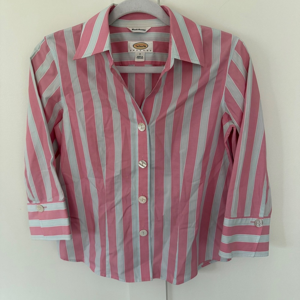 Talbots Petite Button Down Shirt Wrinkle Resistant Pink Stripe Classic Work 20